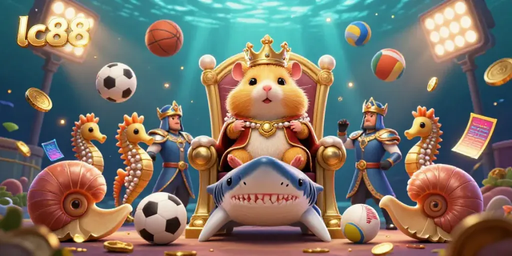 Engage in exciting gambling action with lc88 featuring a golden hamster king on a megalodon throne amid dynamic sports elements.