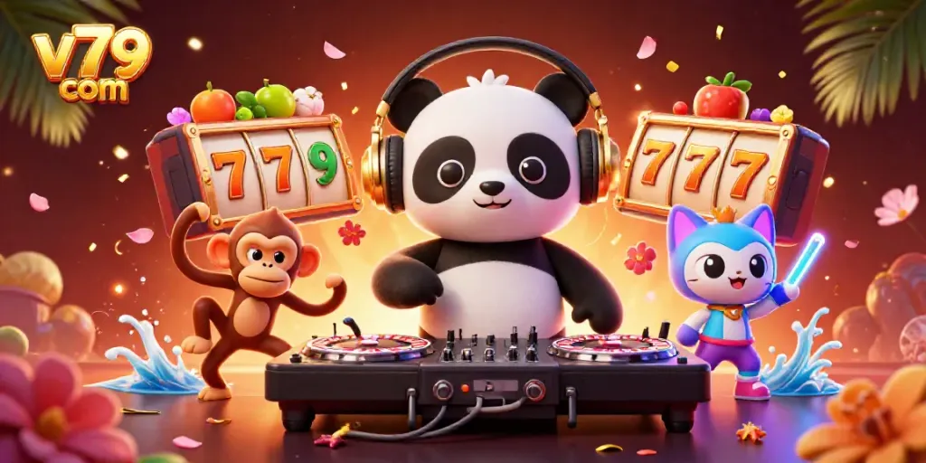 Experience vibrant casino fun with v79 com, featuring a DJ panda, dancing monkey, and glowing kitten.
