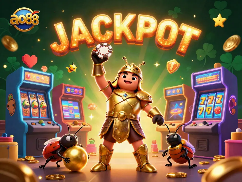 Engage with ao88 through a vibrant illustration depicting a 3D beetle in armor celebrating jackpot successes.