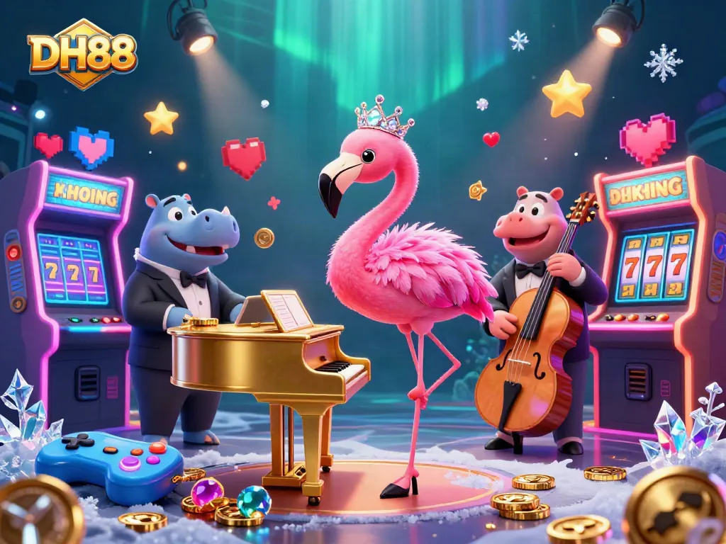 Engage with DH88's vibrant casino scene featuring a flamingo singer at a golden piano amid colorful game elements.