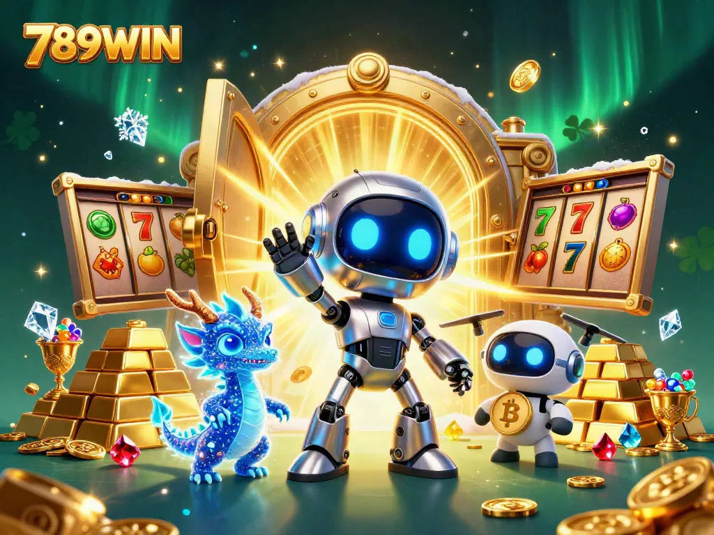 Spin to win big with 789WIN in this vibrant 3D casino scene featuring slots, treasures, and digital companions.
