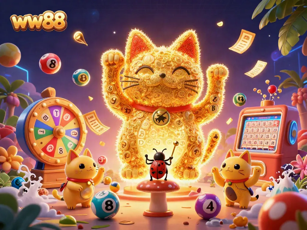 Experience casino thrills at ww88 with golden fireflies, lucky cat, and lottery elements.