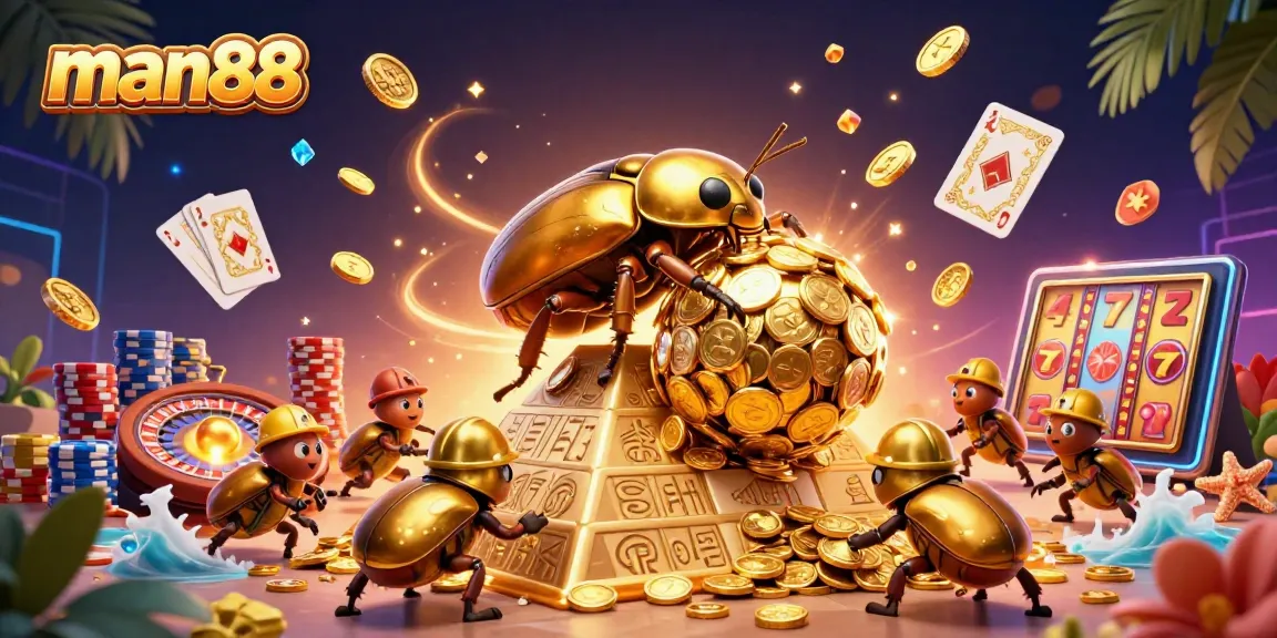 Experience thrilling gameplay with man88 as golden beetles roll coins in an engaging casino scene.