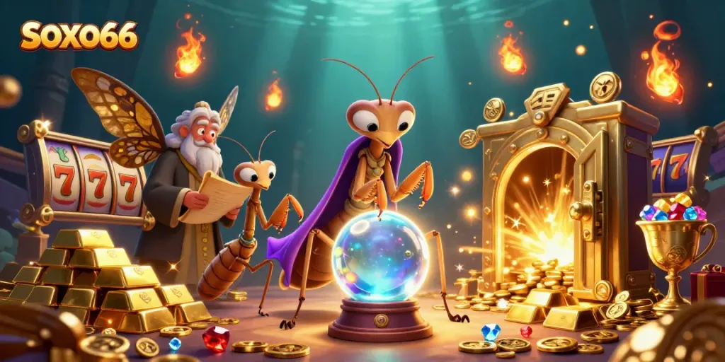 Engage with SOXO66's thrilling slot experience featuring animated characters and treasure elements.