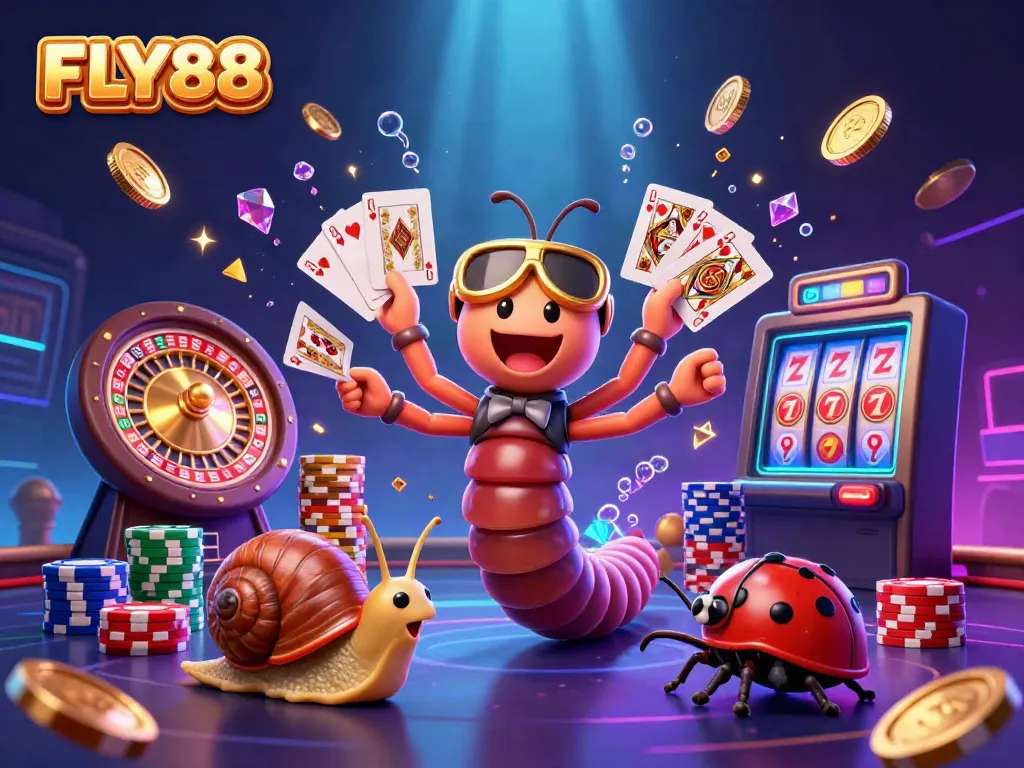 Engage with FLY88's exciting casino atmosphere featuring animated characters, golden coins, and dynamic games.