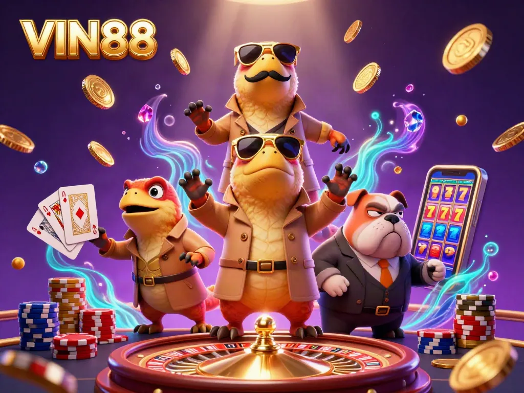 Experience the excitement of VIN88 as cartoon raptors sneak into a lavish casino.