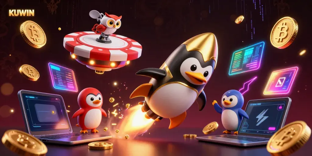 Engage with the colorful KUWIN casino experience through a golden rocket-powered penguin adventure in space.