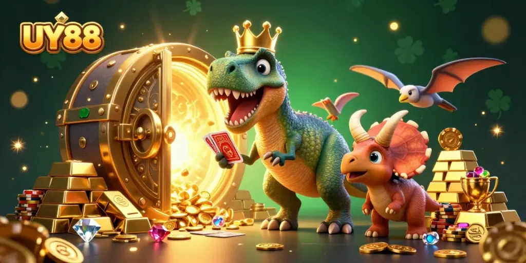 Engage with the thrilling world of UY88, featuring vibrant 3D characters and casino elements.