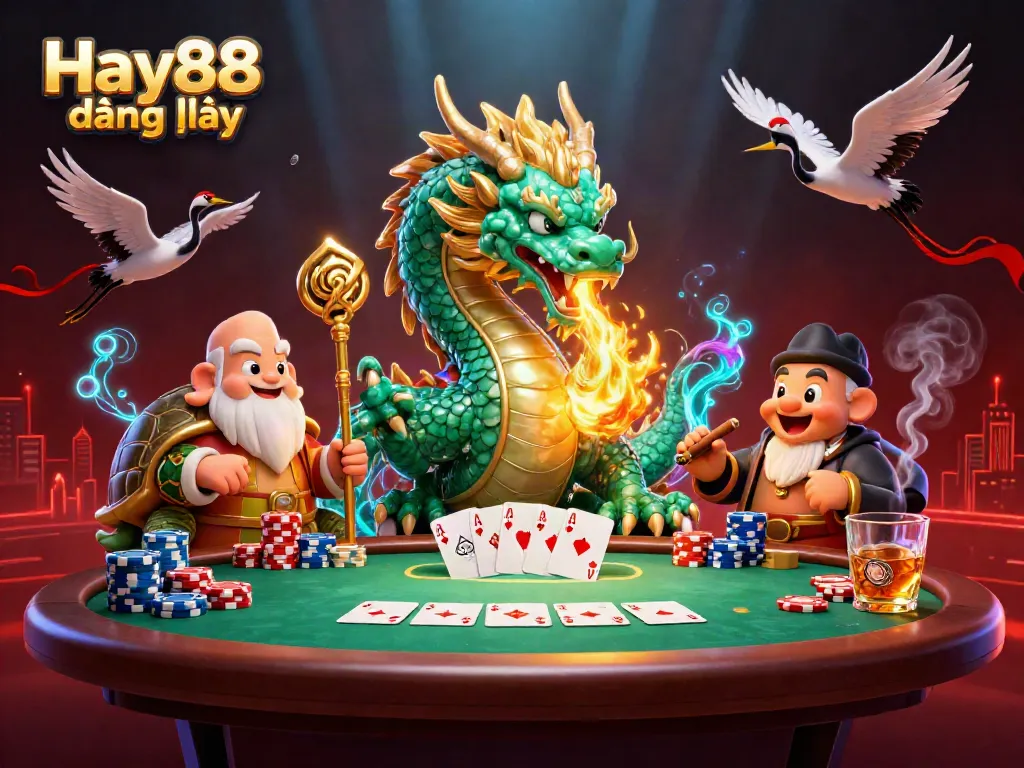 Engage with Hay88 đăng nhập, featuring a jade dragon, turtle sage, and lucky cranes in a vibrant casino scene.