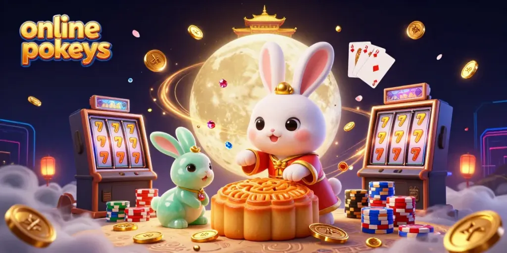Experience exciting online pokies with this vibrant 3D scene featuring moon rabbits, poker chips, and winning symbols.