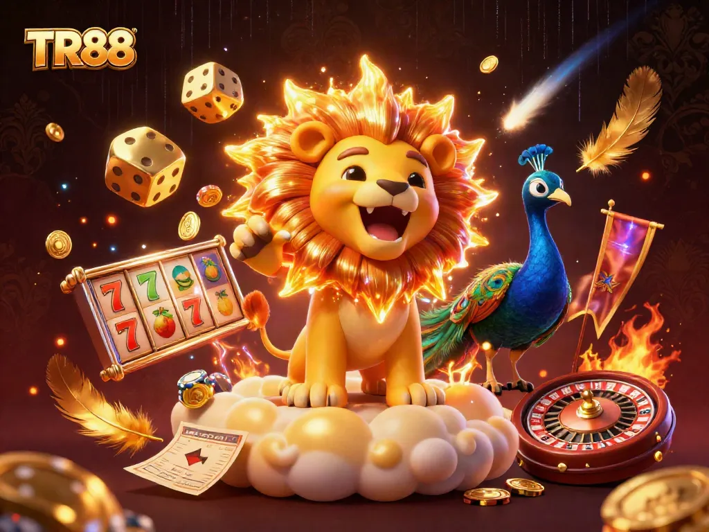 Experience exhilarating wins with TR88 featuring a roaring lion and vibrant casino elements.