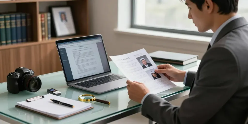 Private investigator reviewing evidence documents in a modern office setting, emphasizing the importance of read more about professional investigation services.