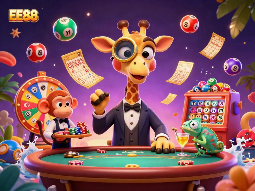 Experience the vibrant energy of EE88 with a giraffe and friends at a lively casino scene.