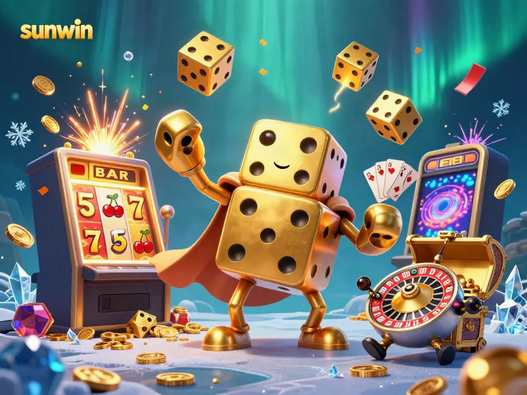 Experience excitement and winnings with sunwin's dynamic casino scene featuring golden dice and jackpots.