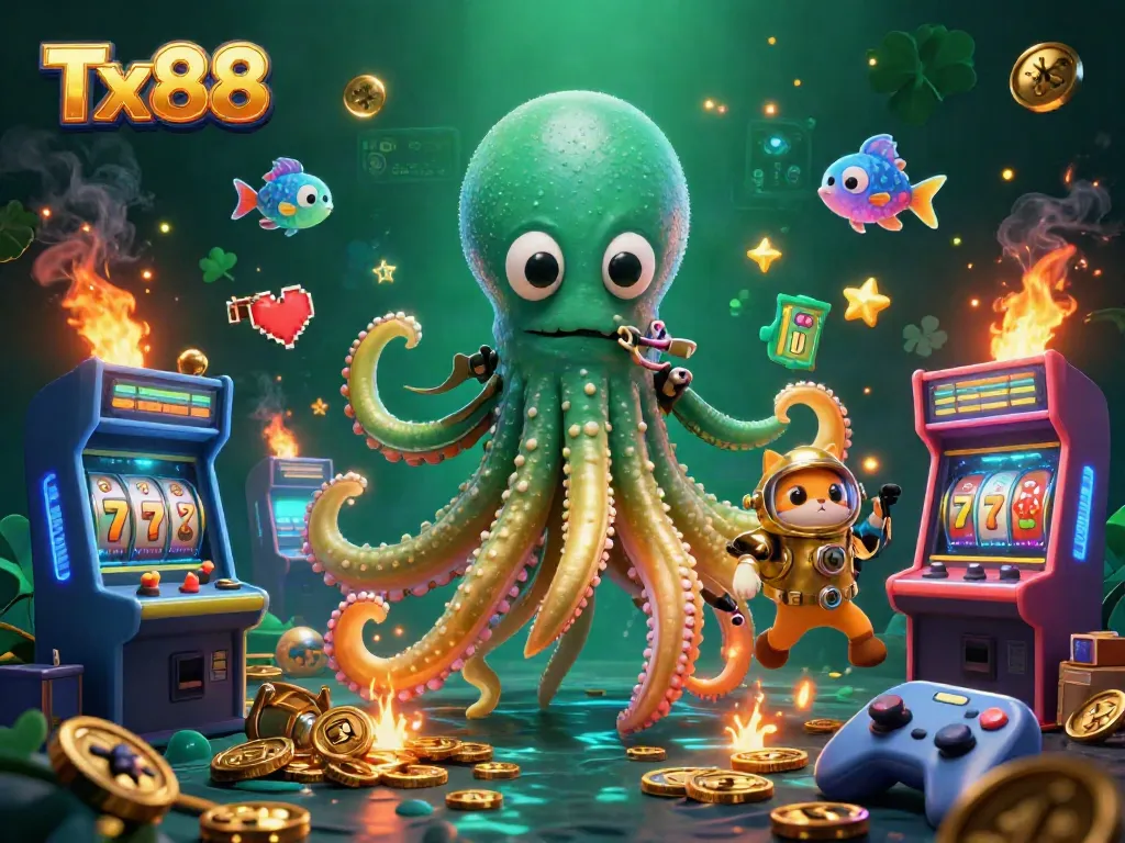 Experience the thrill of Tx88 with a dynamic scene featuring a kraken and diving cat amidst casino games.