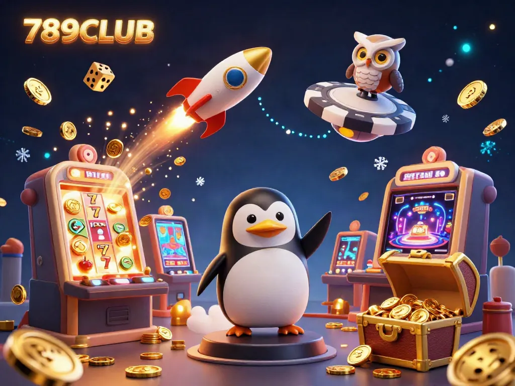 Experience the thrill of winning at 789CLUB with a golden rocket penguin amid a cosmic jackpot explosion.