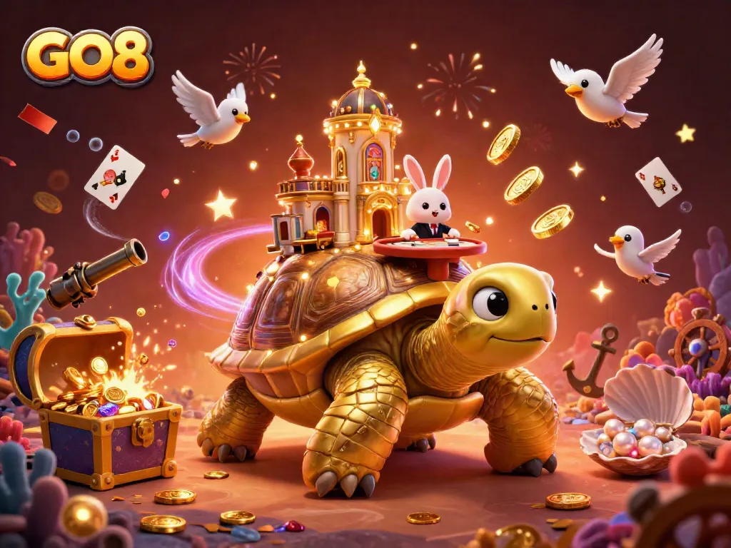 Experience GO8 thrills with a vibrant 3D casino scene showcasing a tortoise casino and rabbit dealer action.