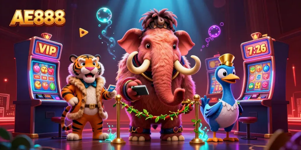 Experience thrilling moments at AE888 with a vibrant scene featuring a woolly mammoth, saber-tooth tiger, and dodo bird.