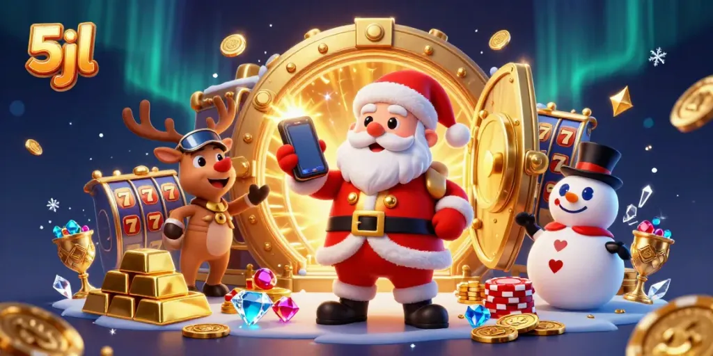Experience the excitement of 5jl with Santa, a dealer reindeer, and a poker chip snowman in a vibrant casino scene.