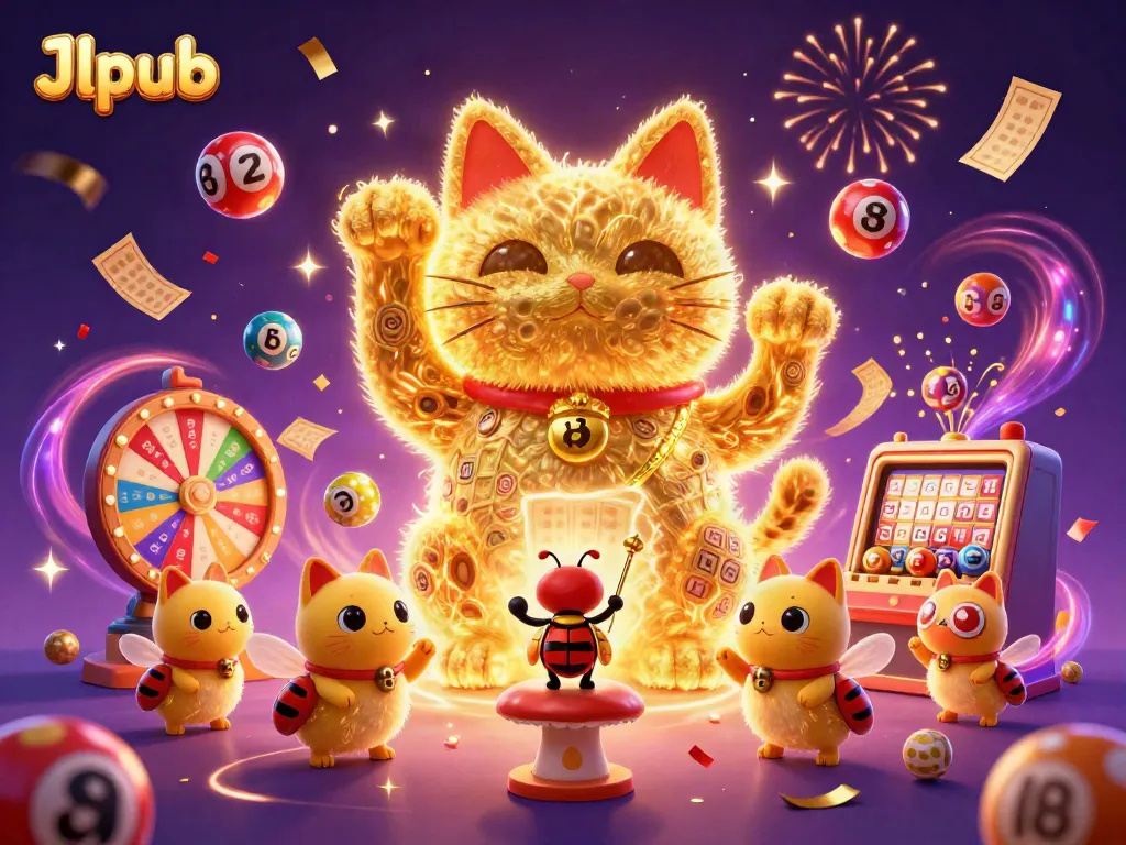 Experience thrilling gaming moments at Jlpub with a vibrant 3D illustration of a lucky cat and dynamic casino elements.