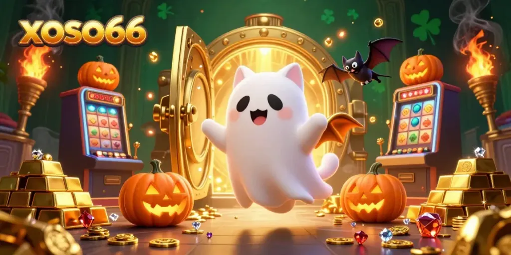 Experience the thrill of xoso66 with a friendly ghost cat and treasures in a haunted casino.