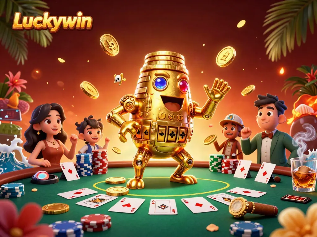 Experience thrilling gameplay with Luckywin in this vibrant casino scene featuring a golden golem and poker elements.
