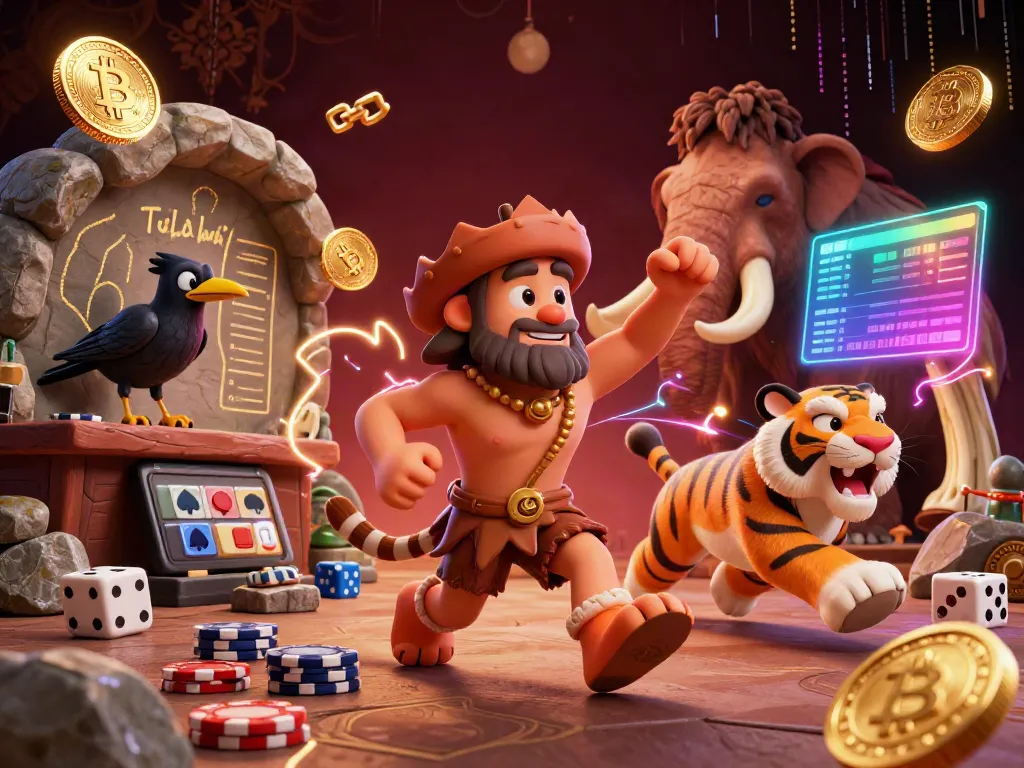 HB88 interactive casino scene featuring a caveman, sabertooth tiger, and crow with glowing coins.