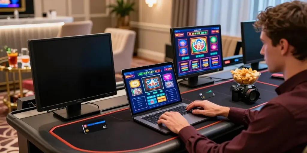 Engaging player at a stylish gaming desk enjoying online casinos that accept credit cards, laptop with vibrant game displays, and a cozy bar atmosphere.