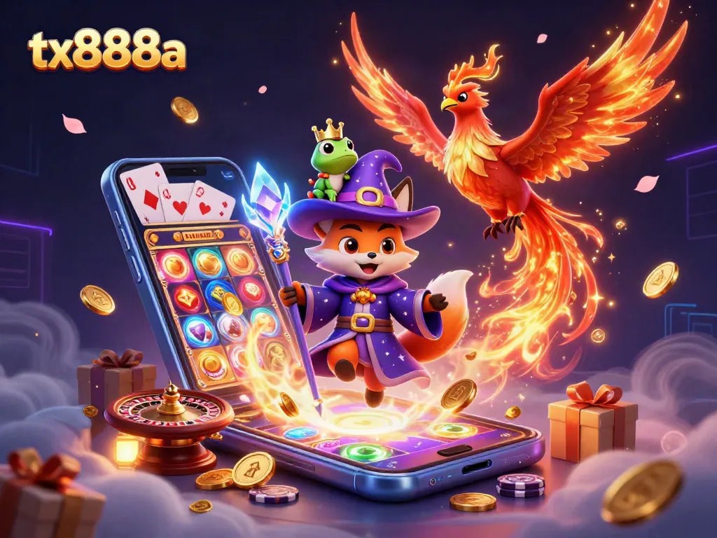 Experience thrilling gaming with tx888a in a vibrant, magical 3D casino scene.