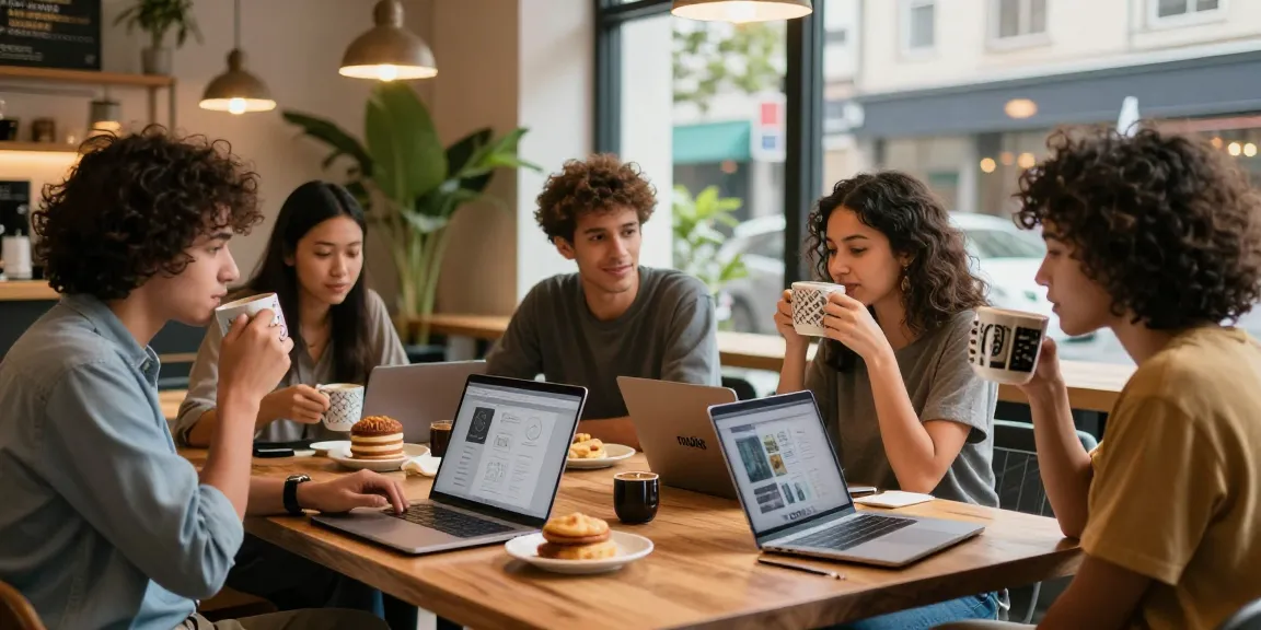 Young adults engaging around rokok88-themed content in a vibrant café.