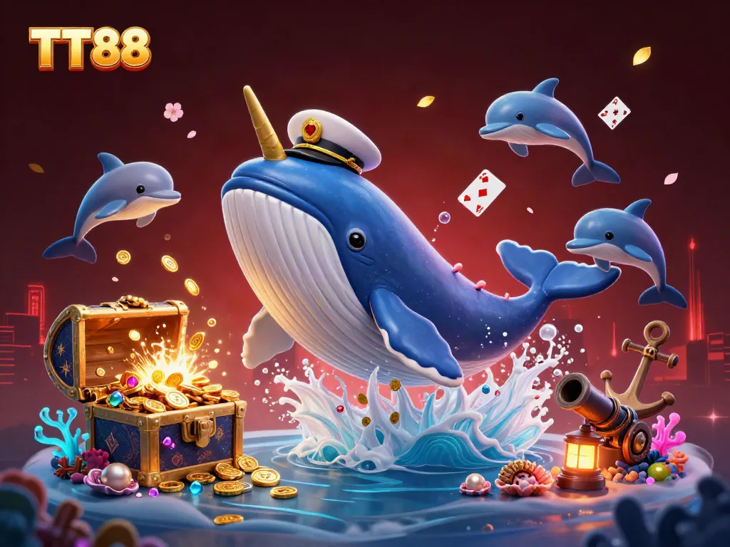 Experience thrilling gaming adventures at TT88 with a vibrant 3D casino scene featuring whales and poker chips.