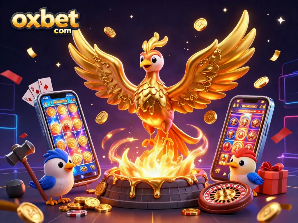 Win big at oxbet com with vibrant 3D illustration of molten phoenix and playful casino elements.