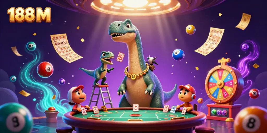 Experience thrilling gaming at 188 M with vibrant casino elements and engaging characters.