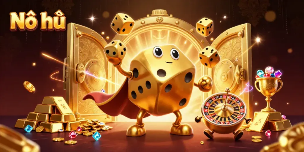 Experience thrilling Nổ hũ excitement with dynamic golden dice and treasures in this vibrant scene.