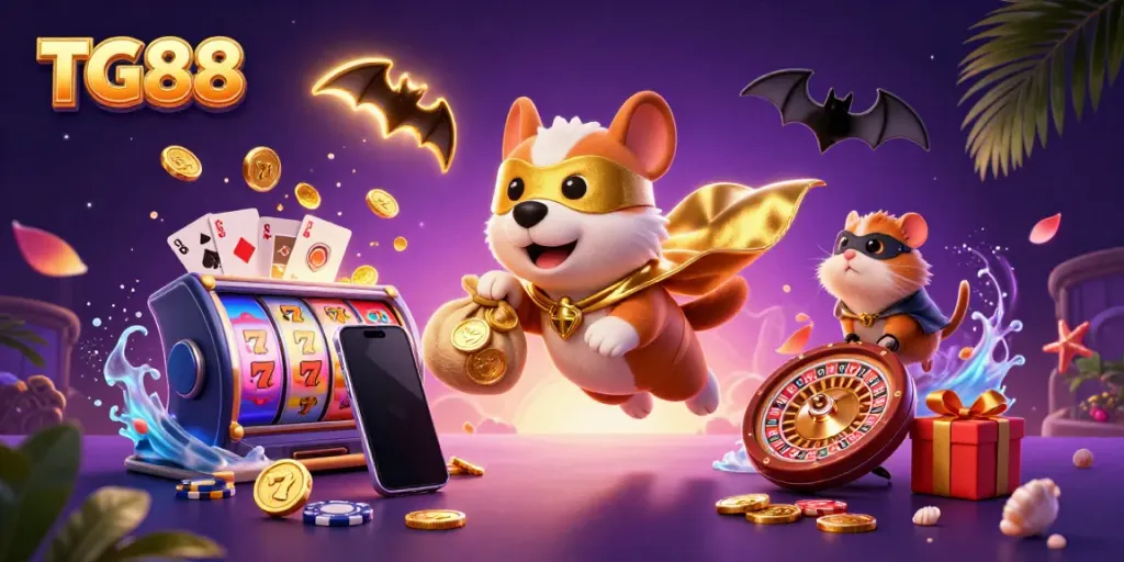 Experience thrilling gameplay with TG88, featuring a superhero dog soaring amidst golden coins and gaming symbols.