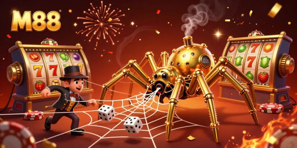 M88 reveals a captivating 3D scene with a golden spider and classic slot reels amidst rich casino elements.