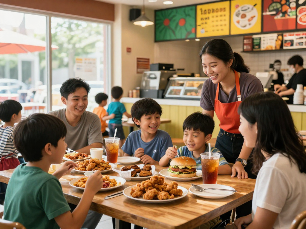 Family enjoying delicious meals at ROKOK88 restaurant with cheerful ambiance.