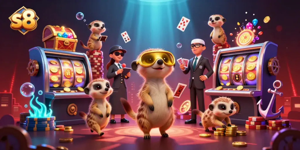 Meerkats managing an animated casino at S8, featuring colorful slot reels and treasure.