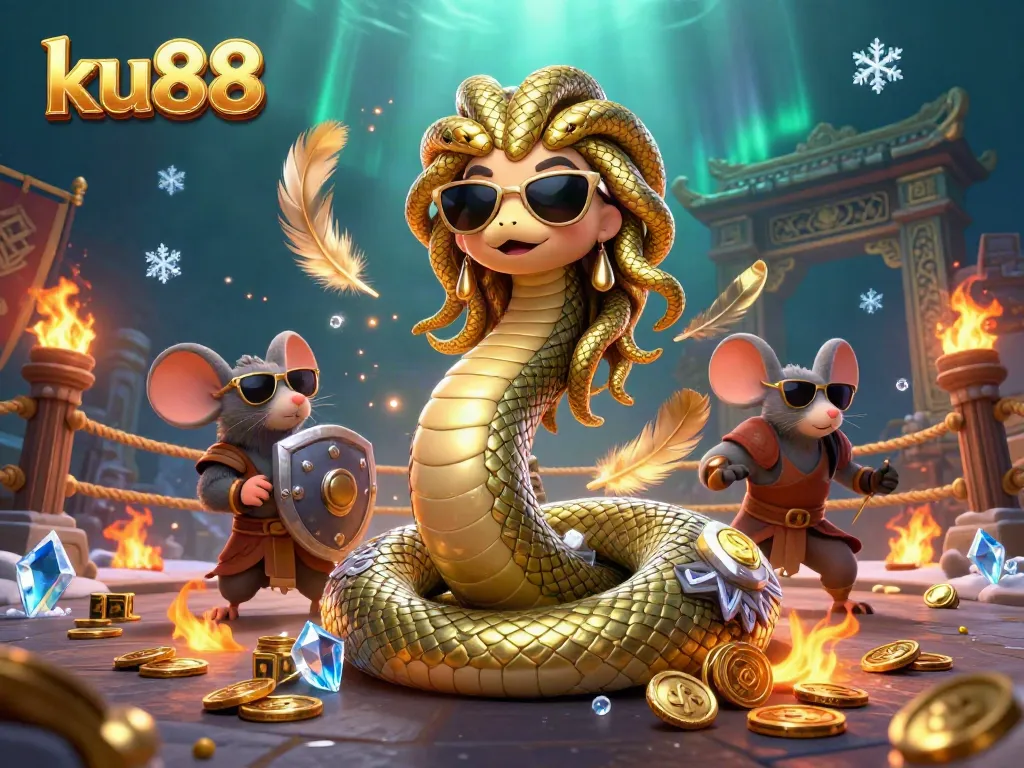Engage in thrilling gameplay at ku88 with a vibrant 3D casino-themed illustration featuring Medusa and a warrior mouse.