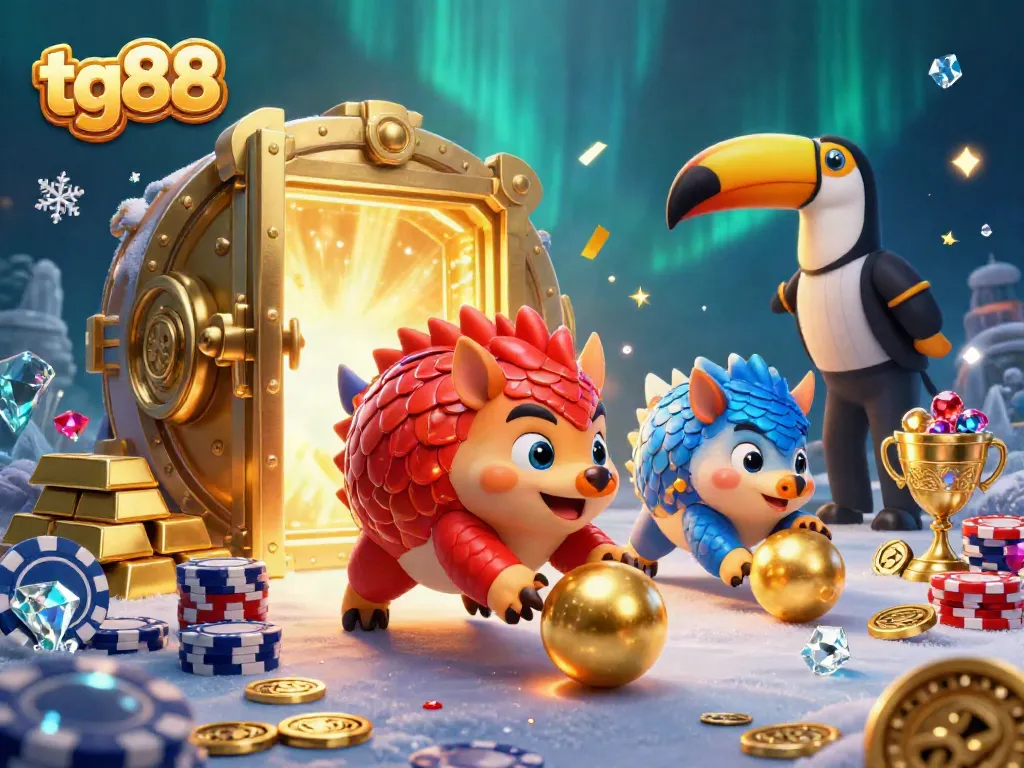 Bowling pangolins and poker chips illustrate tg88's exciting casino games with vibrant treasures.