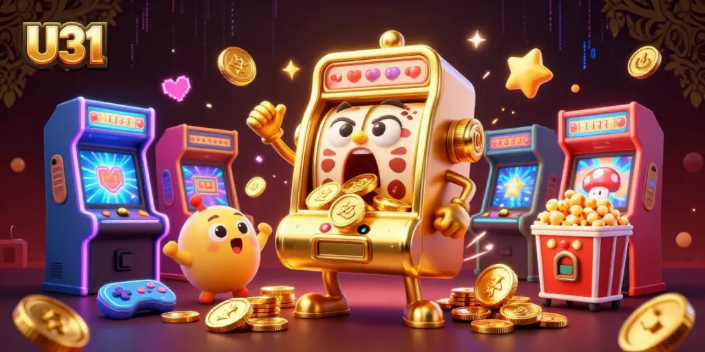 Spin the U31 slot machine as it hits a jackpot, with coins pouring out and vibrant casino elements.