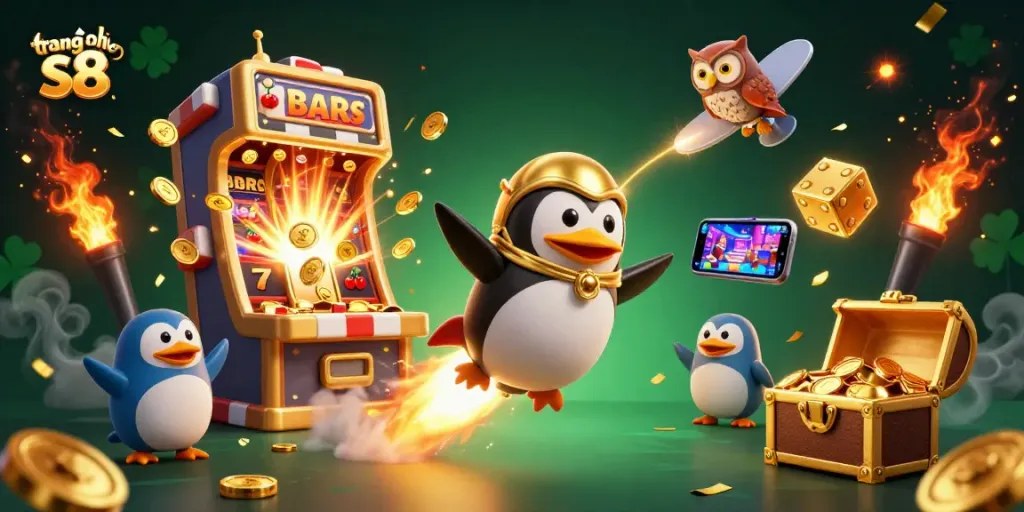 Experience the excitement of trang chủ s8 with a vibrant illustration of a penguin navigating a casino-themed universe.