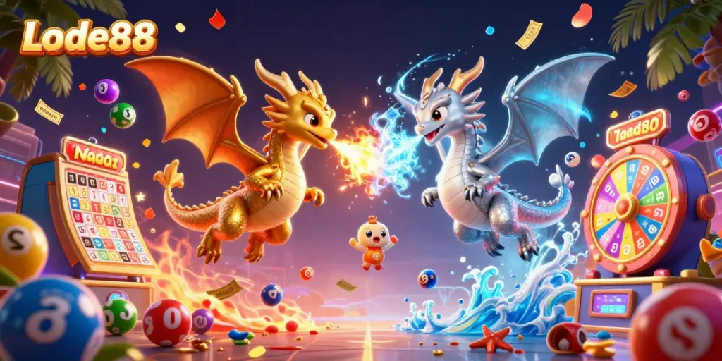 Experience the thrilling world of Lode88 with dynamic dragons and vibrant gaming elements.