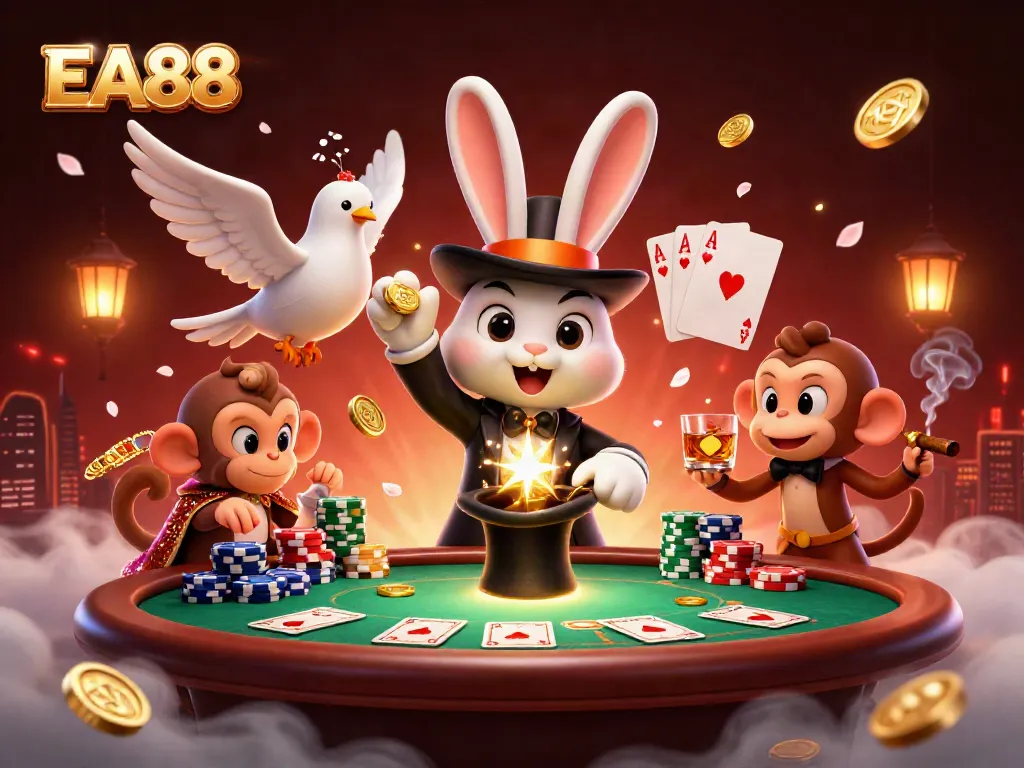 EA88 showcases a magician rabbit pulling coins, framed in a vibrant casino setting.