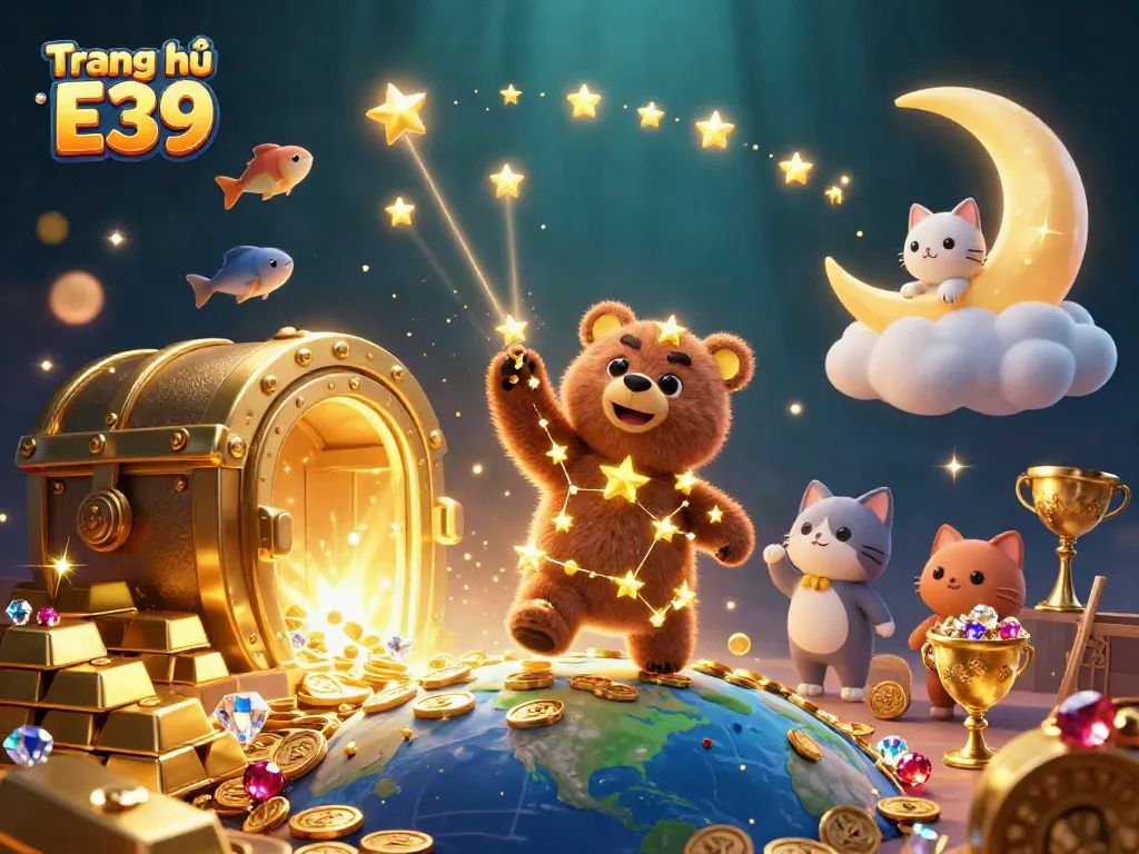 Experience thrilling gaming with Trang chủ E39: interactive bear scooping coins amidst treasures.