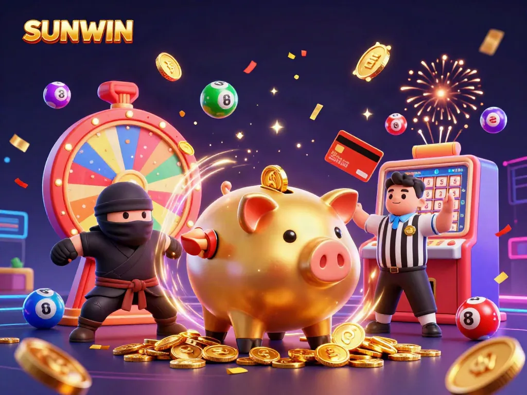 SUNWIN reveals a vibrant 3D casino scene with festive characters, colorful lottery balls, and exciting winning elements.