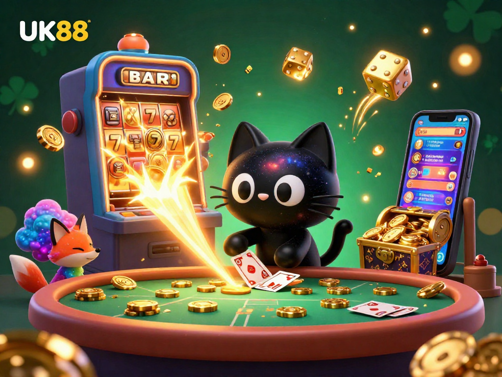 Engage in thrilling gameplay with UK88 at a cosmic casino featuring energetic characters and vibrant game elements.