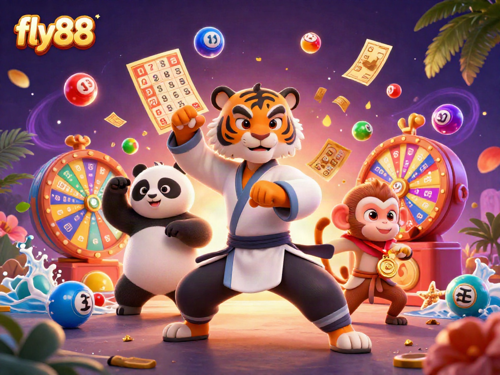 Experience winning excitement with fly88's 3D lottery-inspired scene showcasing vibrant games and dynamic energy.