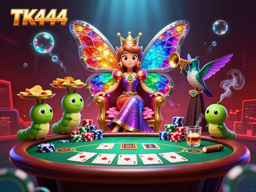 Experience the excitement of TK444 casino with a vibrant 3D scene of colorful characters and poker elements.