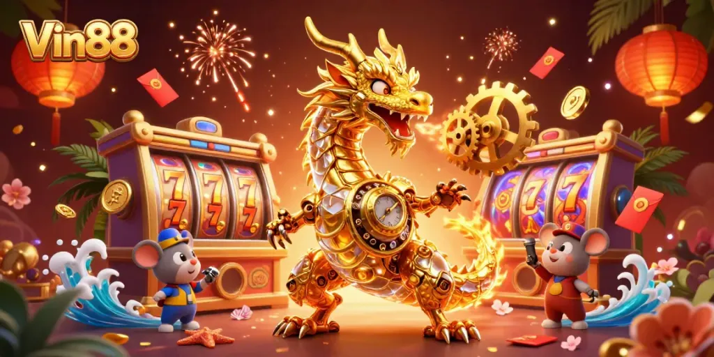 Experience Vin88 with a golden dragon unleashing cogs amidst spinning slot reels and vibrant decorations.